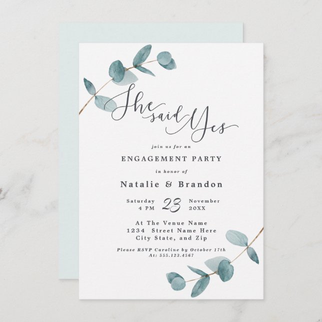 Simple Eucalyptus She Said Yes Engagement Party Invitation (Front/Back)