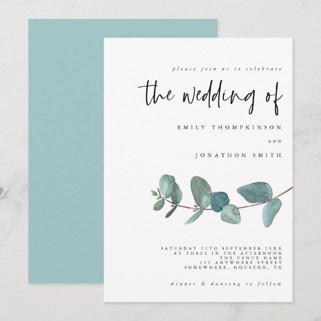 Simple Eucalyptus Teal Wedding Invitation (Front/Back)