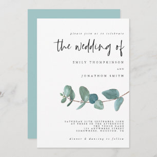 Simple Eucalyptus Teal Wedding Invitation