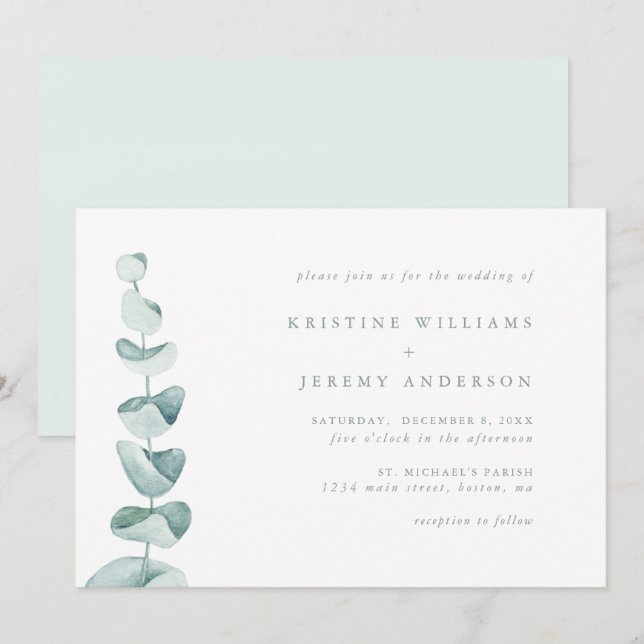 Simple Eucalyptus Watercolor Greenery Wedding Invitation (Front/Back)