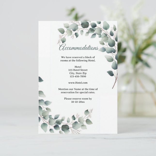 Simple Eucalyptus Wedding Accommodation  Enclosure Card (Standing Front)