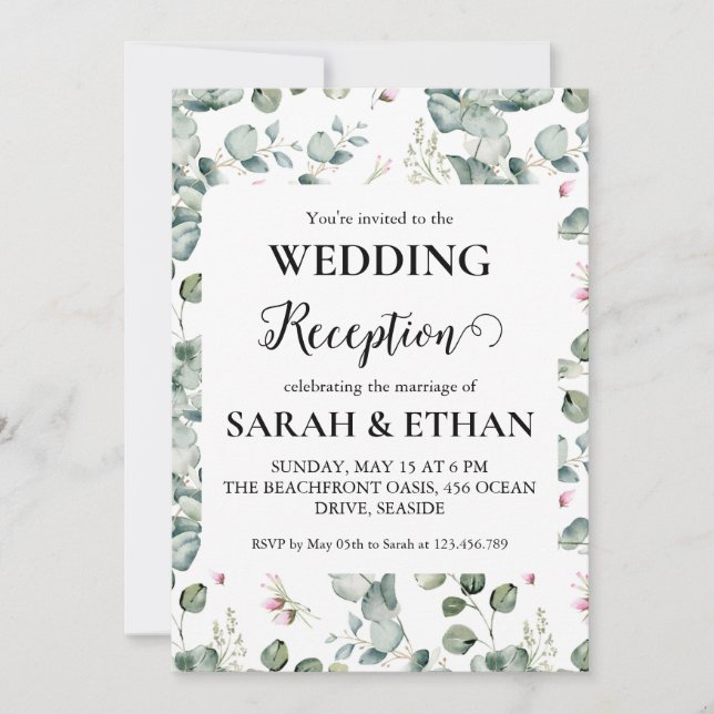 simple eucalyptus wedding reception invitations (Front)