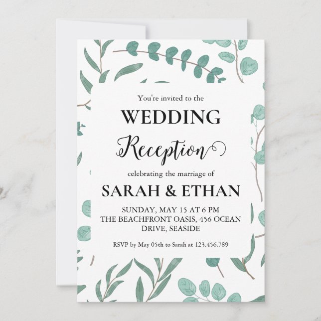 simple eucalyptus wedding reception invitations (Front)