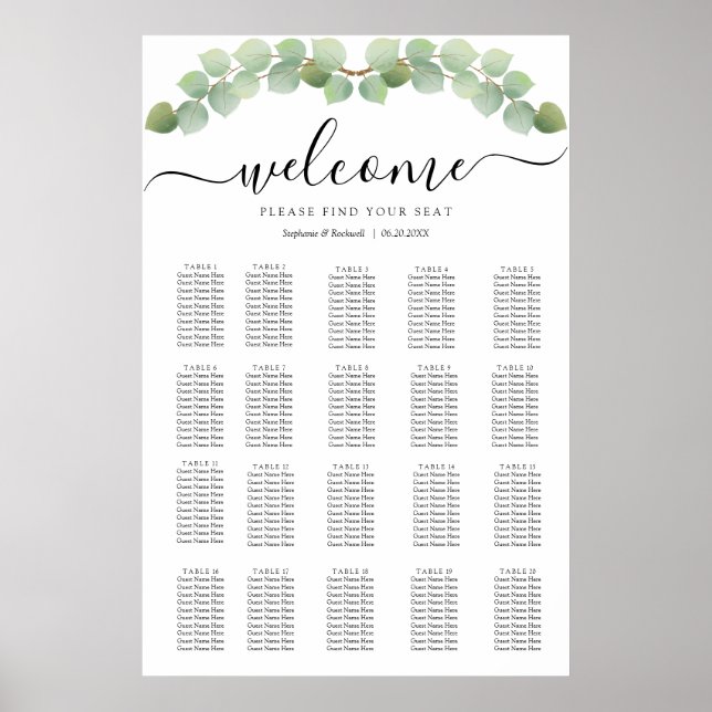 Simple Eucalyptus Wedding Seating Chart (Front)