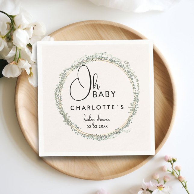 Simple, eucalyptus wreath Baby Shower Napkin (Simple, eucalyptus wreath Baby Shower Napkins with your name and date.)