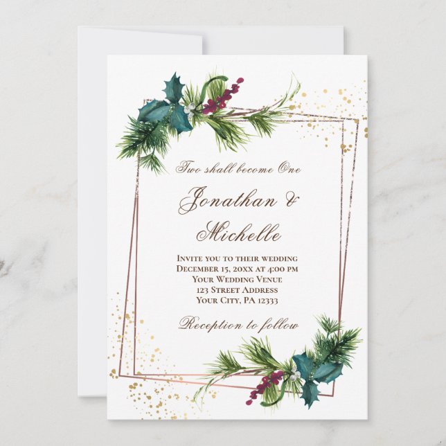 Simple Evergreen Gold Frame Christian Wedding Invitation (Front)