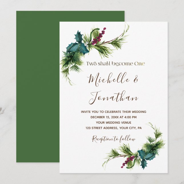 Simple Evergreen Greenery Floral Christian Wedding Invitation (Front/Back)