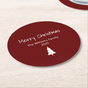 Simple Evergreen Modern Merry Christmas Red Round Paper Coaster
