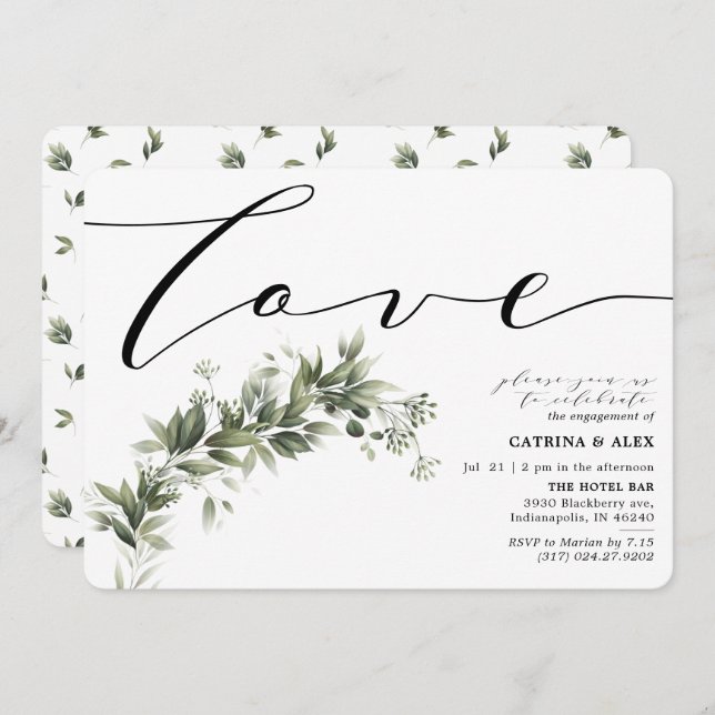 Simple Faded Greenery Engagement Party Invitation (Front/Back)