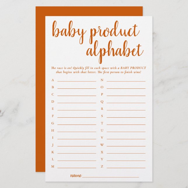 Simple Fall ABC Product | Burnt Orange Shower Game (Front/Back)