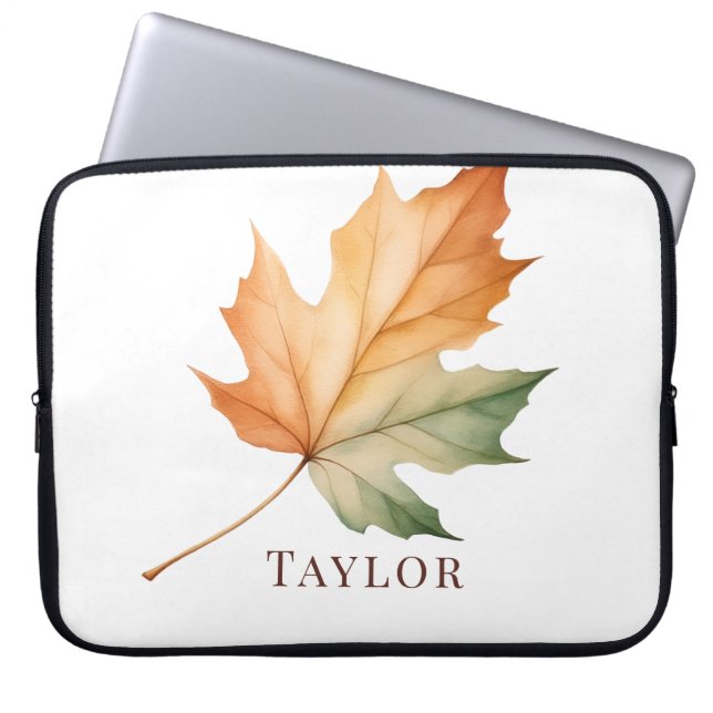 Simple Fall Coloured Maple Leaf with  Name Laptop Sleeve (Front)
