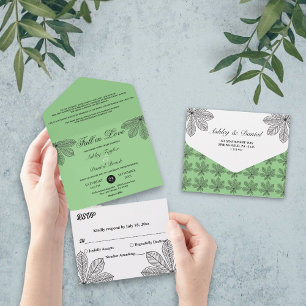 Simple Fall in Love Sage Boho Autumn Wedding All In One Invitation