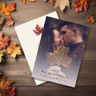 Simple Fall Leaf Cream Elegant Photo We're Engaged Invitation