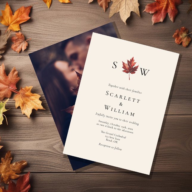 Simple Fall Leaf Cream Monogram Photo Wedding Invitation (Creator Uploaded)