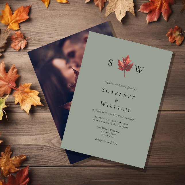 Simple Fall Leaf Sage Green Monogram Photo Wedding Invitation (Creator Uploaded)