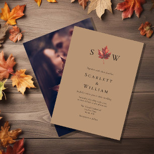 Simple Fall Leaf Terracotta Monogram Photo Wedding Invitation