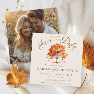 Simple Fall Leaf Tree Beige Photo Autumn Wedding Save The Date