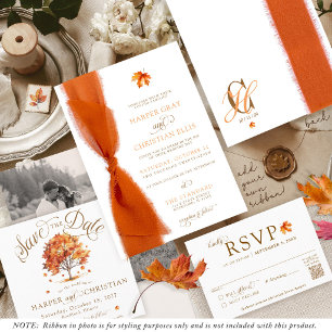 Simple Fall Leaves Modern Autumn Ribbon Wedding Invitation