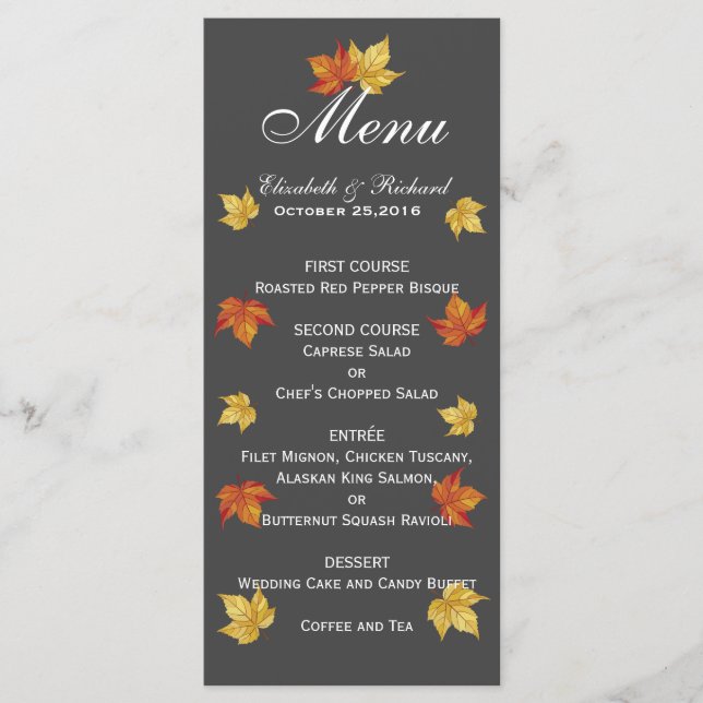 Simple Falling Maple Leaves Wedding Menu Card (Front)