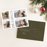 Simple Family Christmas Blessings Photo Collage Holiday Postcard<br><div class="desc">This Simple Family Christmas Blessings Photo Collage Holiday Postcard combines elegance and personalisation for the perfect holiday greeting. Featuring four family photos in a clean, minimalist design, it highlights your cherished memories while offering a modern twist with its vertical “Blessings” message in elegant olive green lettering. The soft, warm tones...</div>