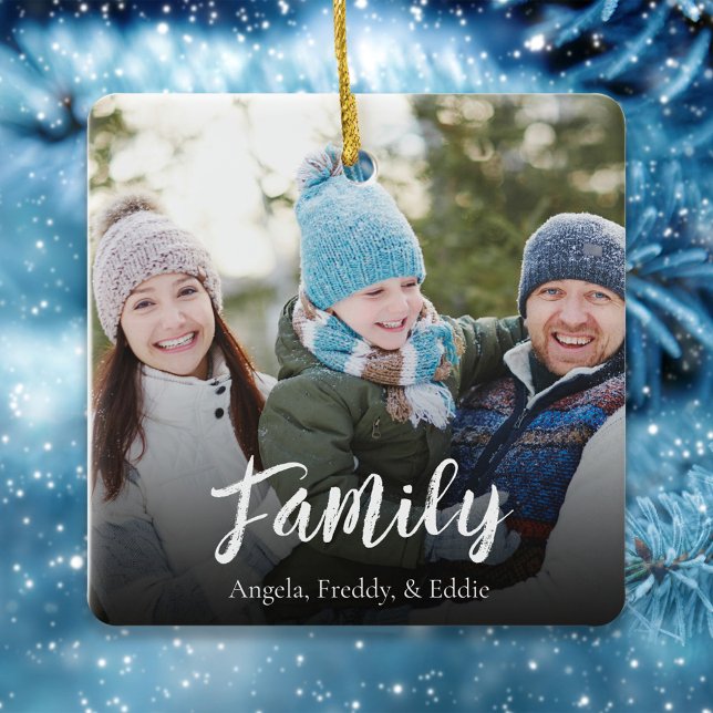 Simple Family Christmas Photo Navy Blue Ceramic Ornament (Christmas photo square ceramic ornament with family calligraphy wording.)
