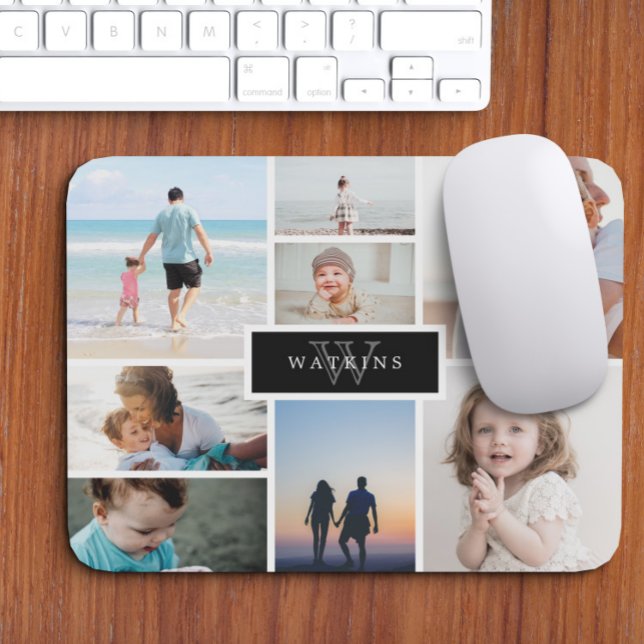 Simple Family Photo Collage & Black Monogram Mouse Mat (Creator Uploaded)