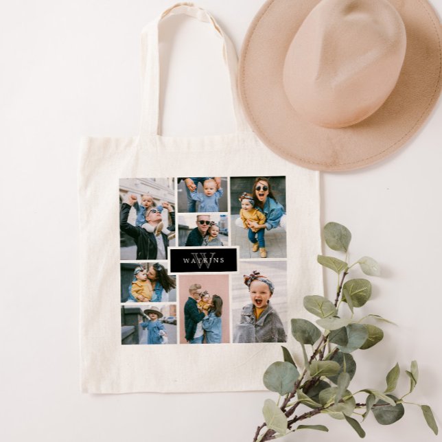 Simple Family Photo Collage Black Monogram Tote Bag (Creator Uploaded)