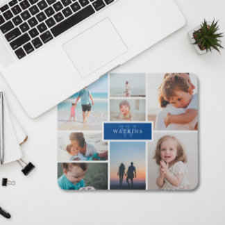Simple Family Photo Collage & Blue Monogram Mouse Mat