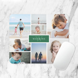 Simple Family Photo Collage & Green Monogram Mouse Mat