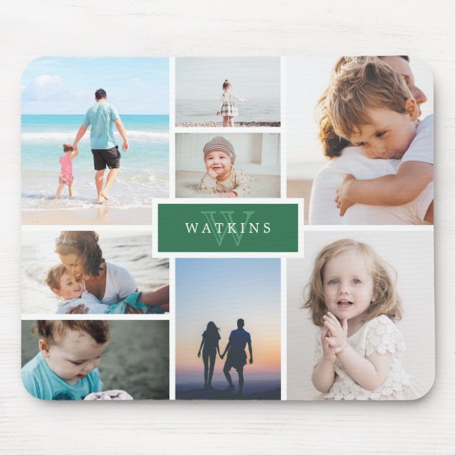 Simple Family Photo Collage & Green Monogram Mouse Mat (Front)