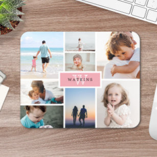 Simple Family Photo Collage & Pink Monogram Mouse Mat