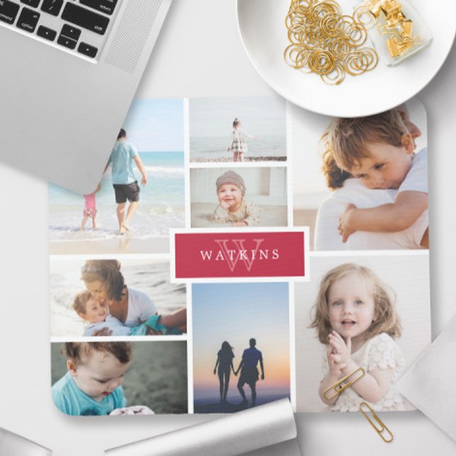 Simple Family Photo Collage & Red Monogram Mouse Mat (Creator Uploaded)