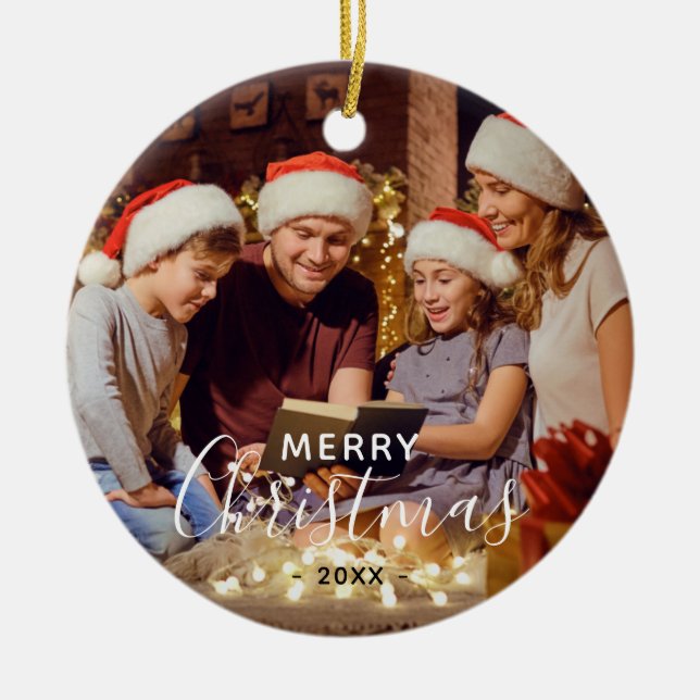 Simple Family Photo Merry Christmas Ceramic Tree Decoration (Front)