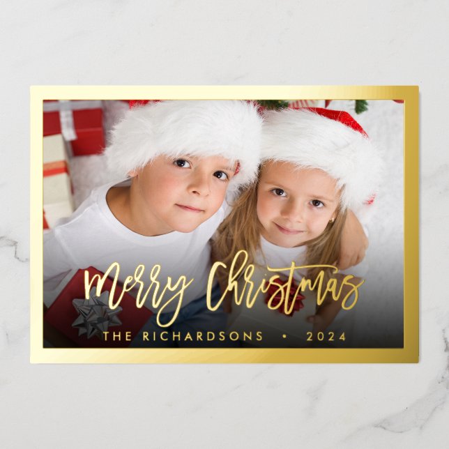 Simple Family Photo Name Christmas Script Elegant Foil Holiday Card (Front)