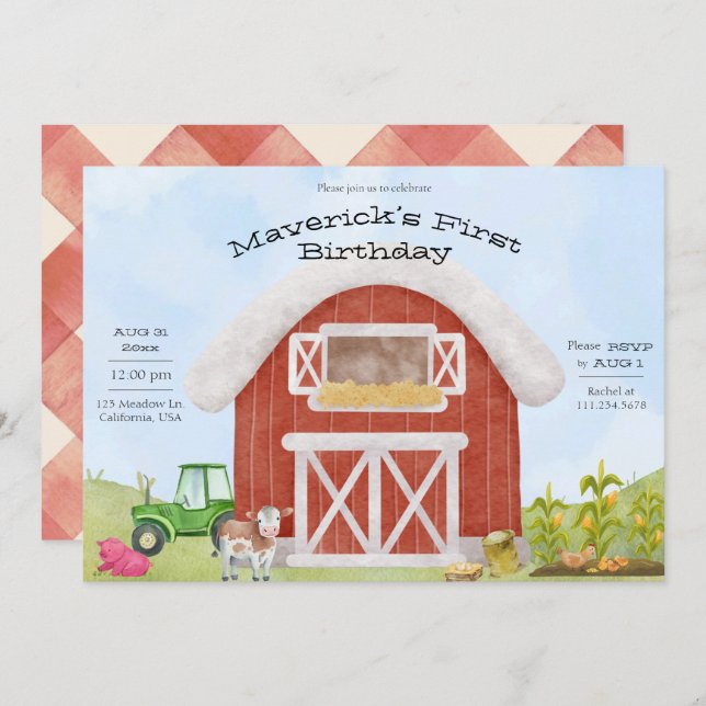Simple Farm Fun 1st Birthday Invitation (Front/Back)