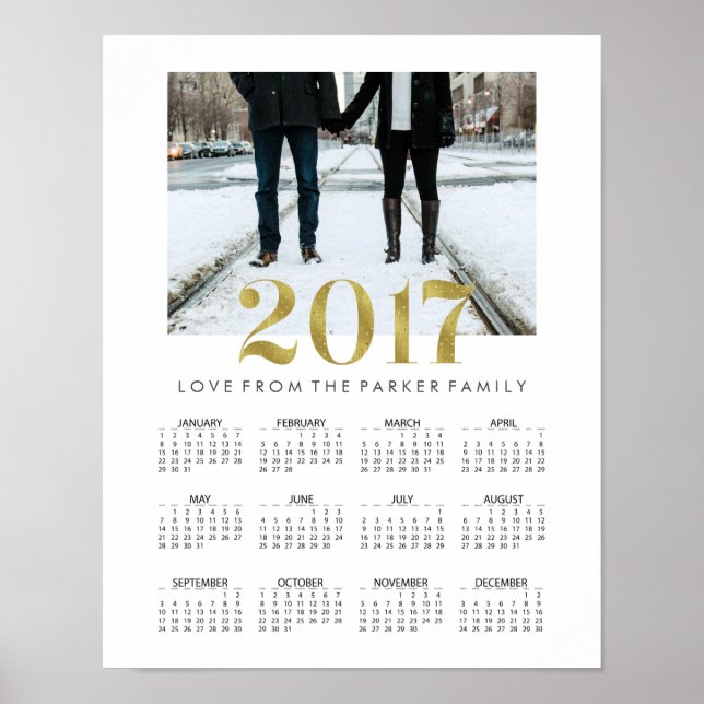 Simple Faux Gold 2017 Family Photo Calendar Poster (Front)