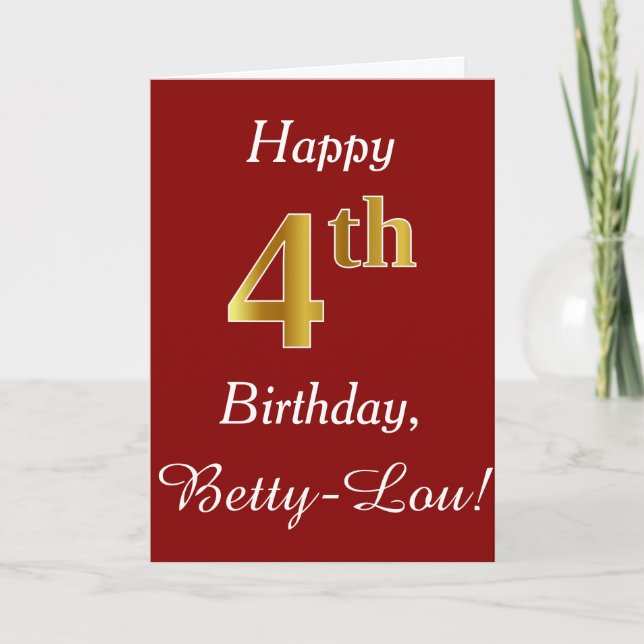 Simple Faux Gold 4th Birthday + Custom Name Card (Front)