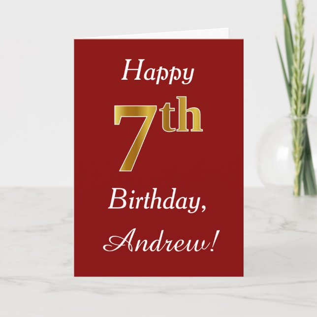 Simple Faux Gold 7th Birthday + Custom Name Card (Front)