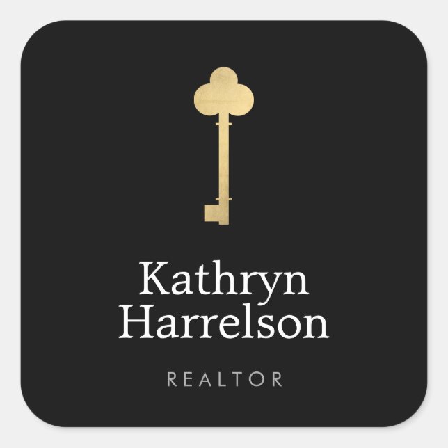 Simple Faux Gold Key Realtor Logo Black Square Sticker (Front)
