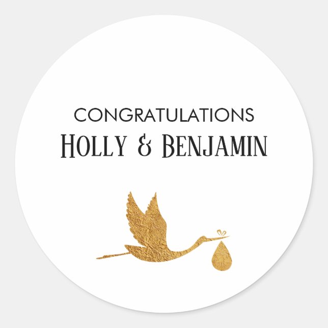 Simple Faux Gold Stork Congratulations Baby Shower Classic Round Sticker (Front)