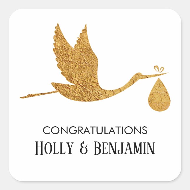 Simple Faux Gold Stork Congratulations Baby Shower Square Sticker (Front)