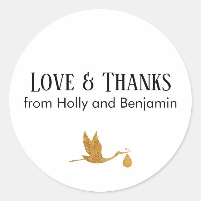 Simple Faux Gold Stork Love & Thanks Baby Shower Classic Round Sticker (Front)