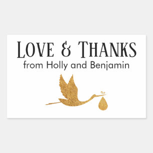 Simple Faux Gold Stork Love & Thanks Baby Shower Rectangular Sticker