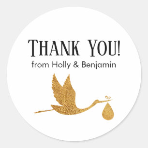Simple Faux Gold Stork Thank You! Baby Shower Classic Round Sticker