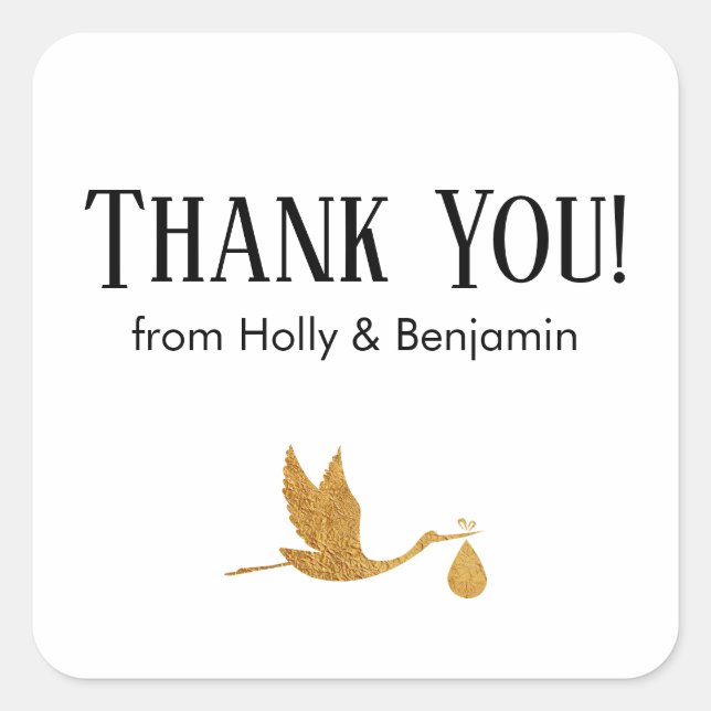 Simple Faux Gold Stork Thank You! Baby Shower Square Sticker (Front)