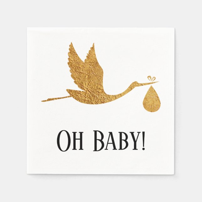 Simple Faux Gold Stork w/ "Oh Baby" Shower Napkin (Front)