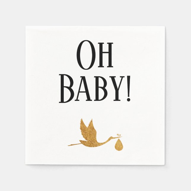 Simple Faux Gold Stork w/ "Oh Baby" Shower Napkin (Front)