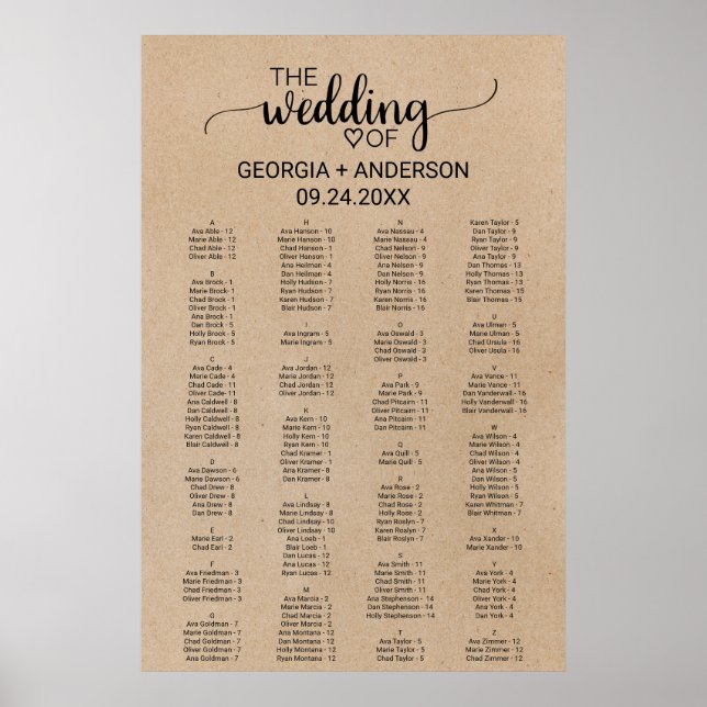 Simple Faux Kraft Alphabetical Seating Plan Poster (Front)