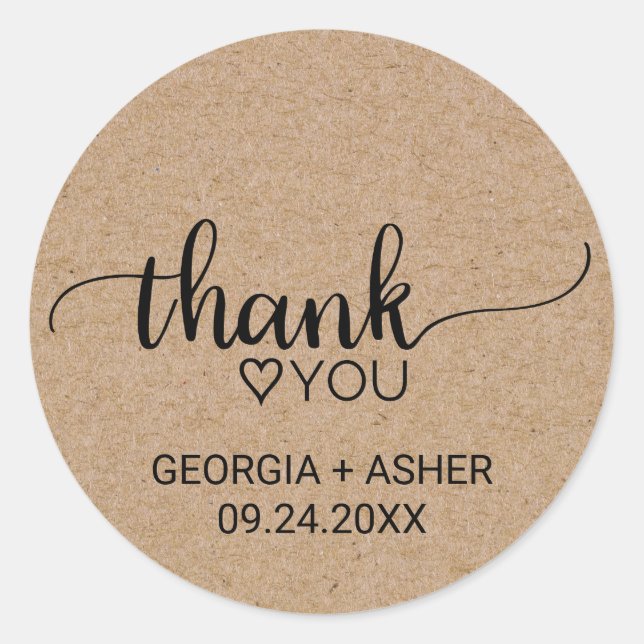 Simple Faux Kraft Calligraphy Thank You Wedding Classic Round Sticker (Front)