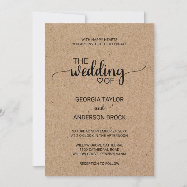 Simple Faux Kraft Calligraphy Wedding Invitation (Front)
